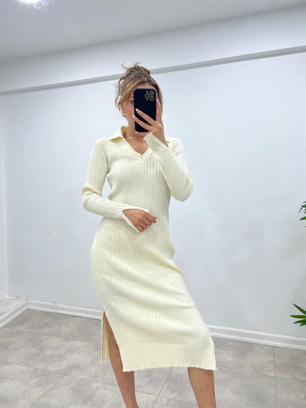 Polo Yaka Tri̇ko Elbi̇se Ekru