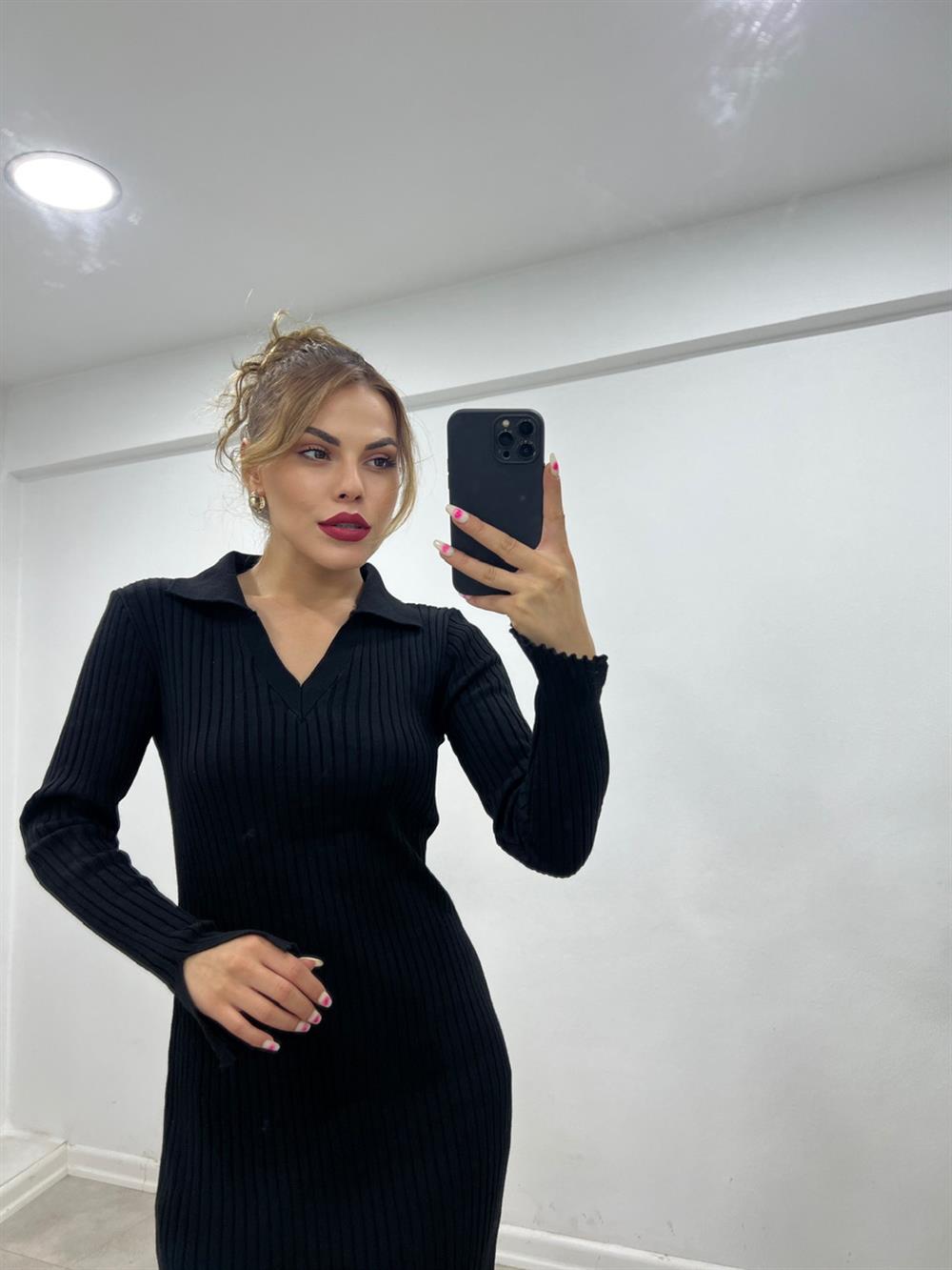 Polo Yaka Tri̇ko Elbi̇se Si̇yah