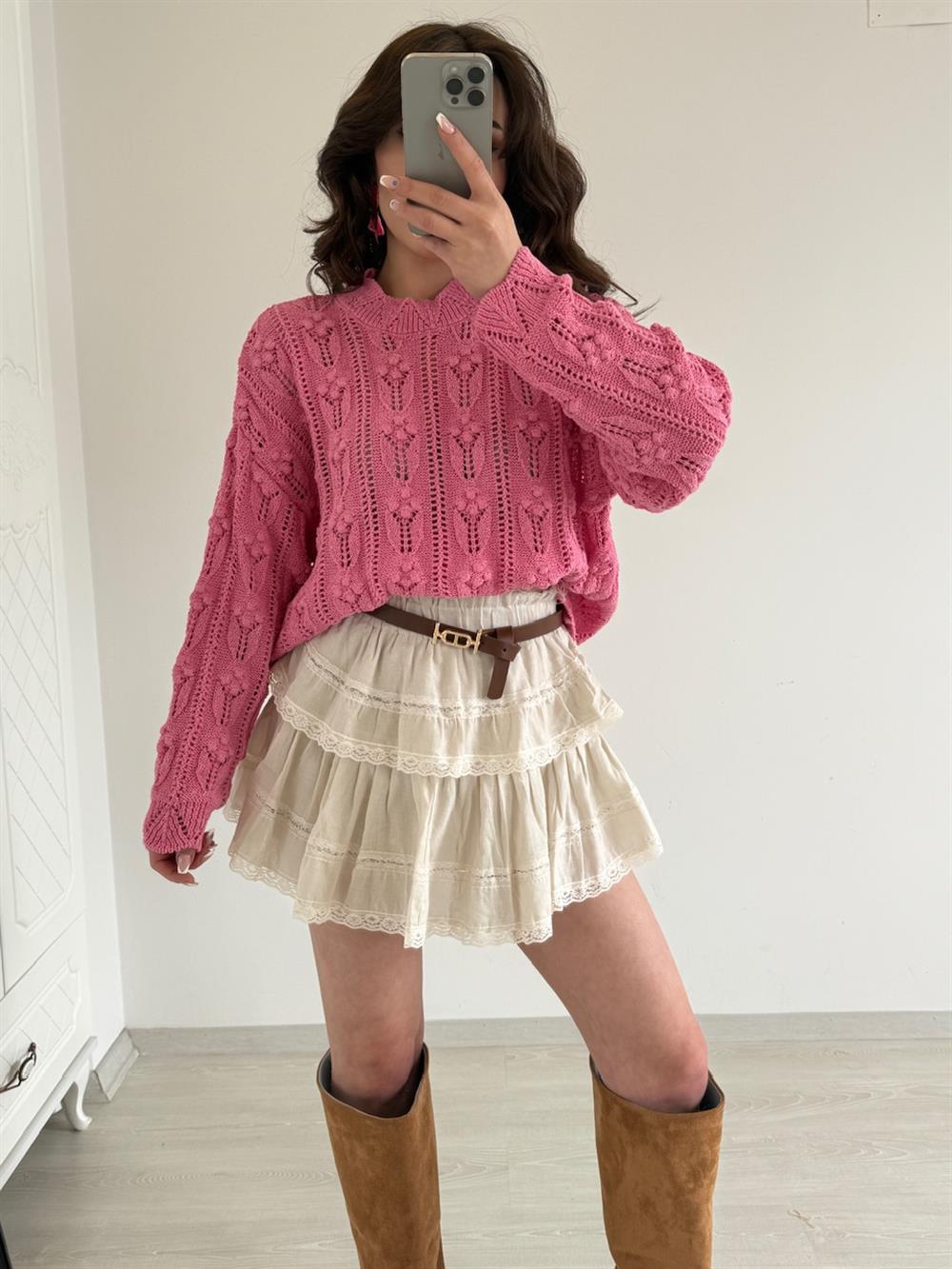 PONPON DESENLİ MERSERİZE PEMBE