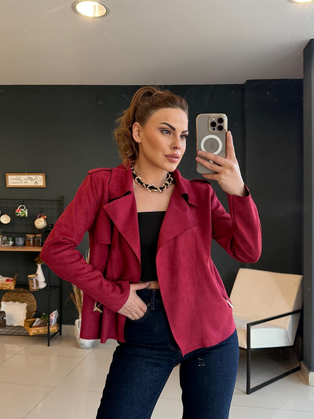 Premi̇um Astarsiz Süet Ceket Bordo