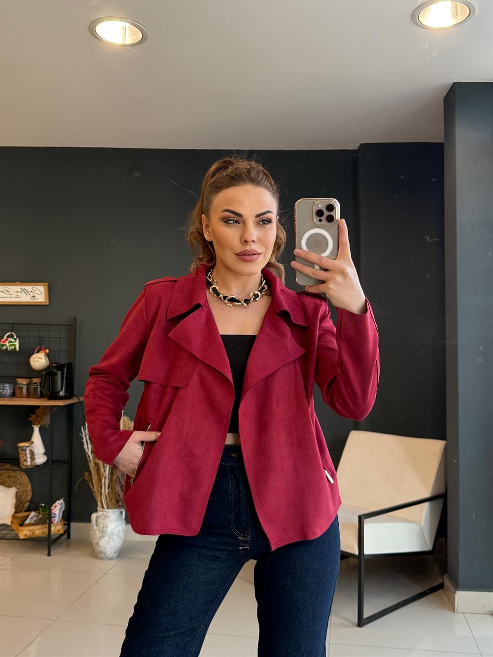 Premi̇um Astarsiz Süet Ceket Bordo