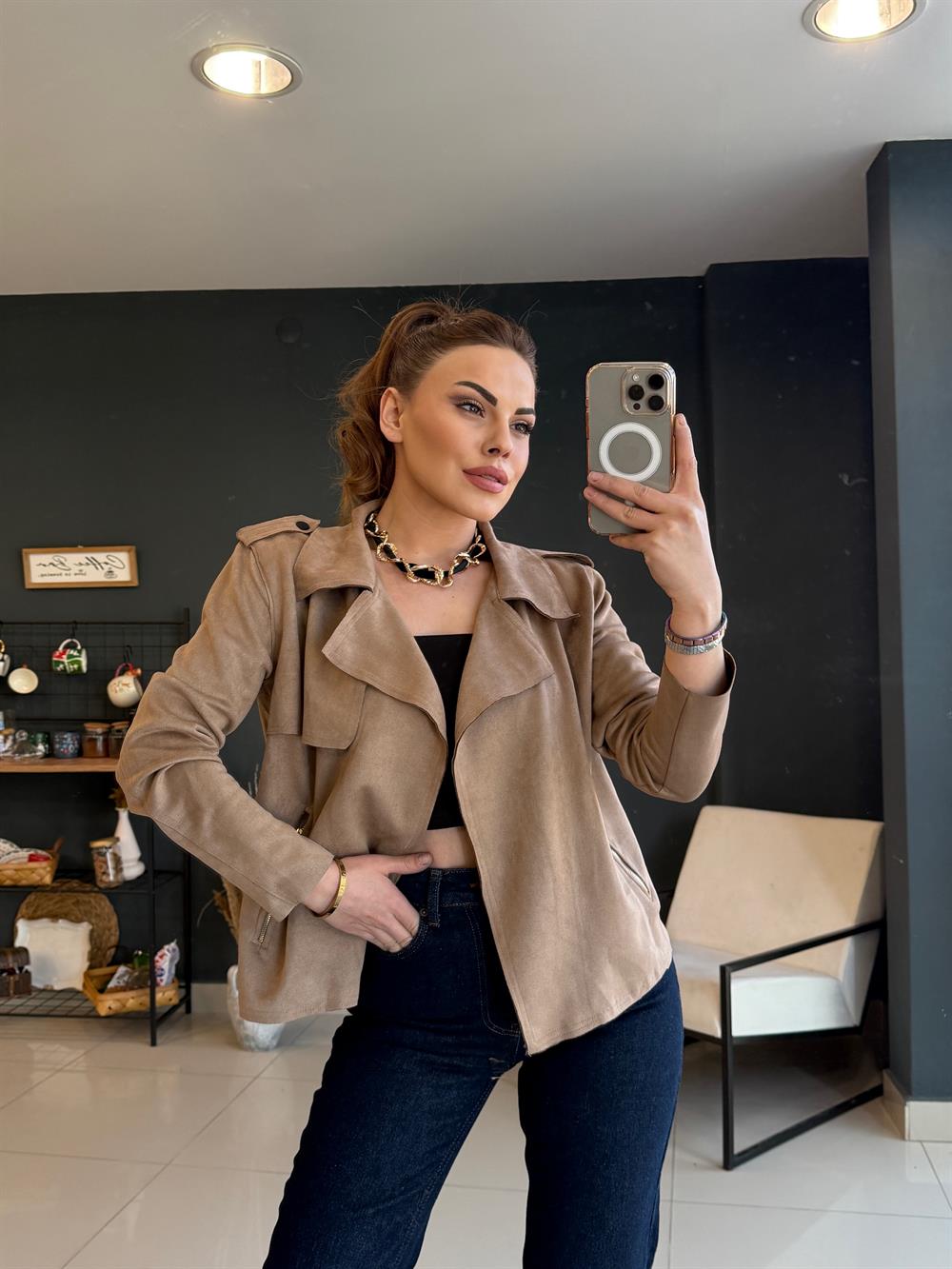 Premi̇um Astarsiz Süet Ceket Camel