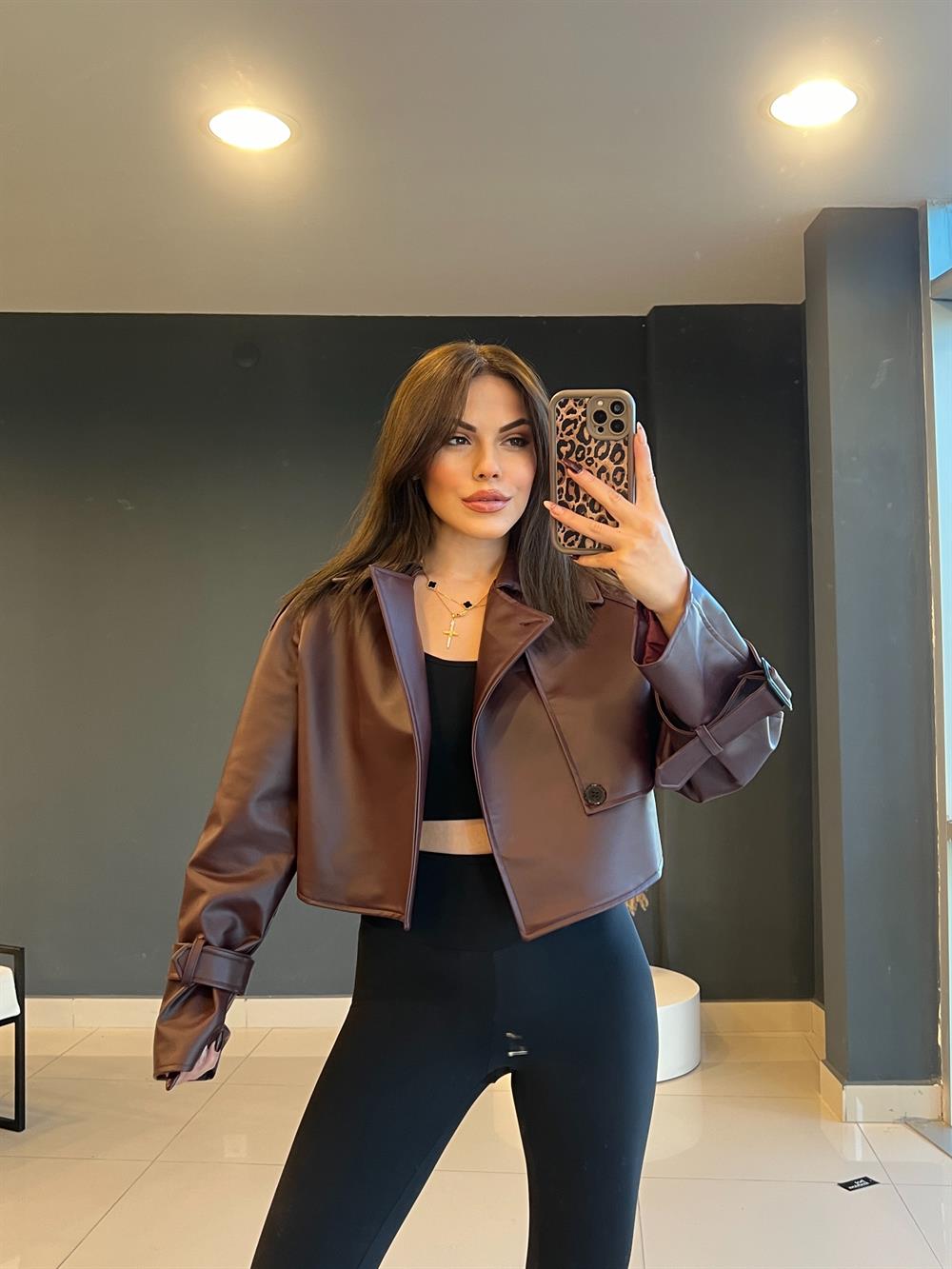 Premium Kisa Deri̇ Ceket Bordo