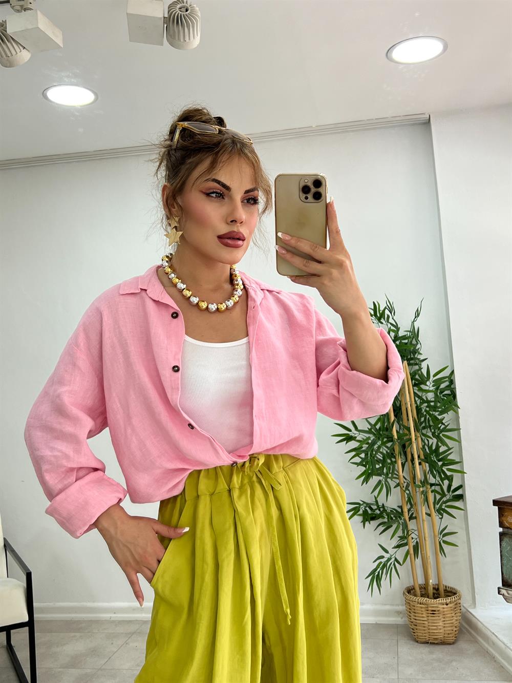 Premi̇um Özel Seri̇ Keten Gömlek Toz Pembe