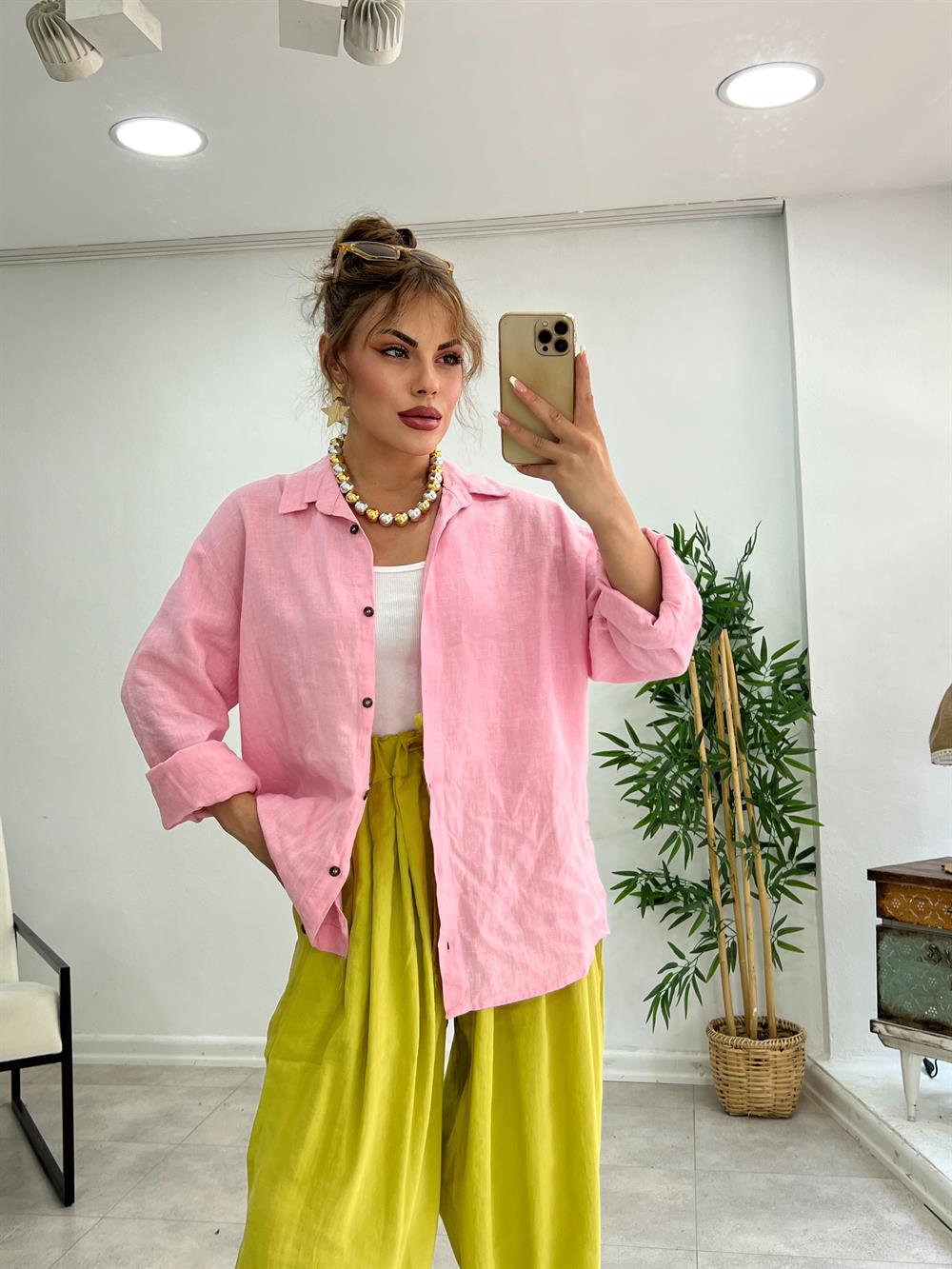 Premi̇um Özel Seri̇ Keten Gömlek Toz Pembe