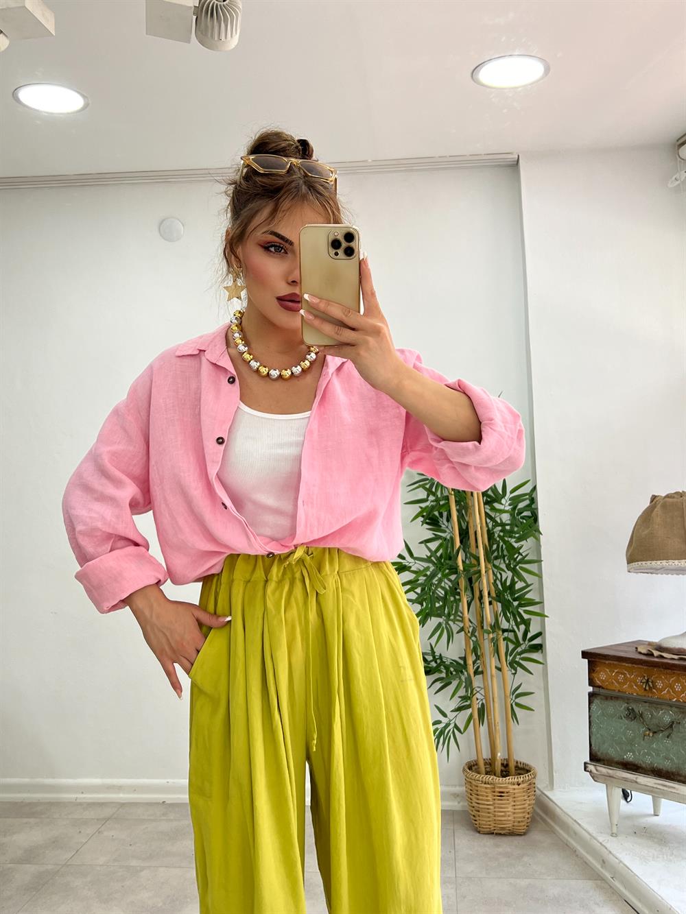 Premi̇um Özel Seri̇ Keten Gömlek Toz Pembe