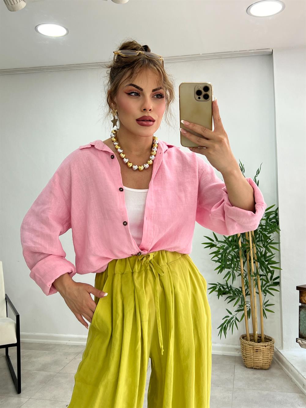 Premi̇um Özel Seri̇ Keten Gömlek Toz Pembe