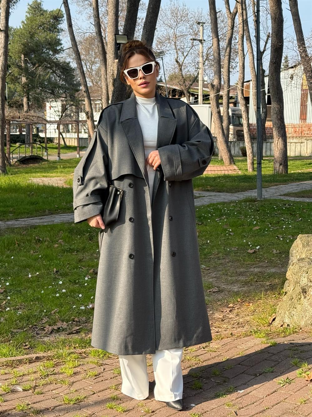 Premium Seri̇ Astarli Trençkot Gri̇