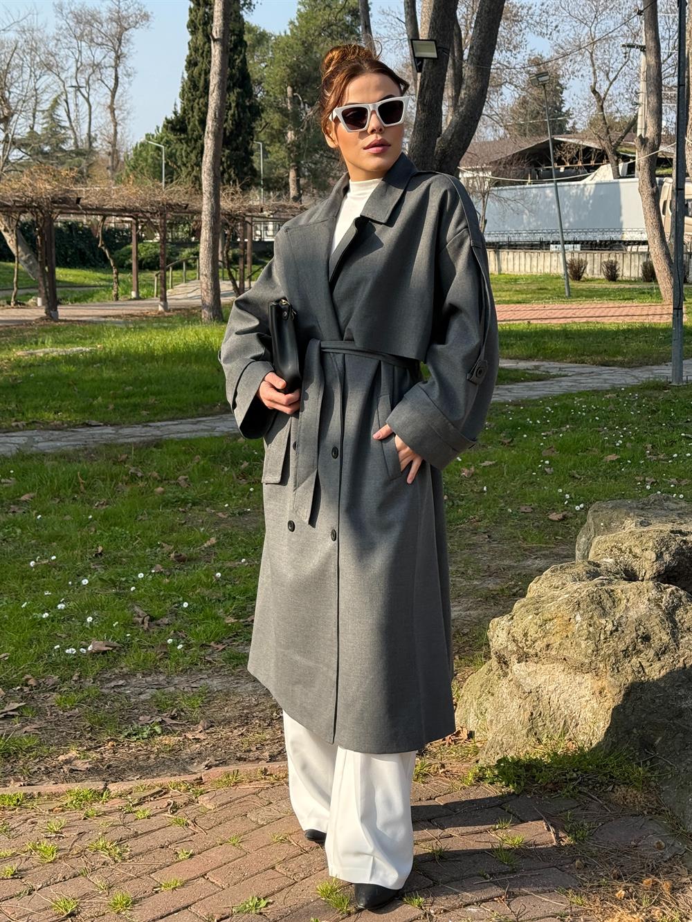 Premium Seri̇ Astarli Trençkot Gri̇