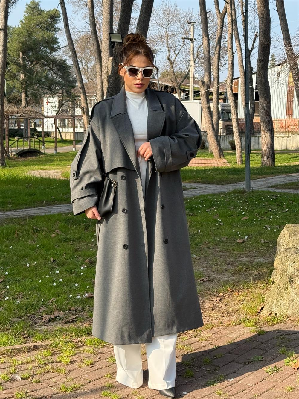 Premium Seri̇ Astarli Trençkot Gri̇