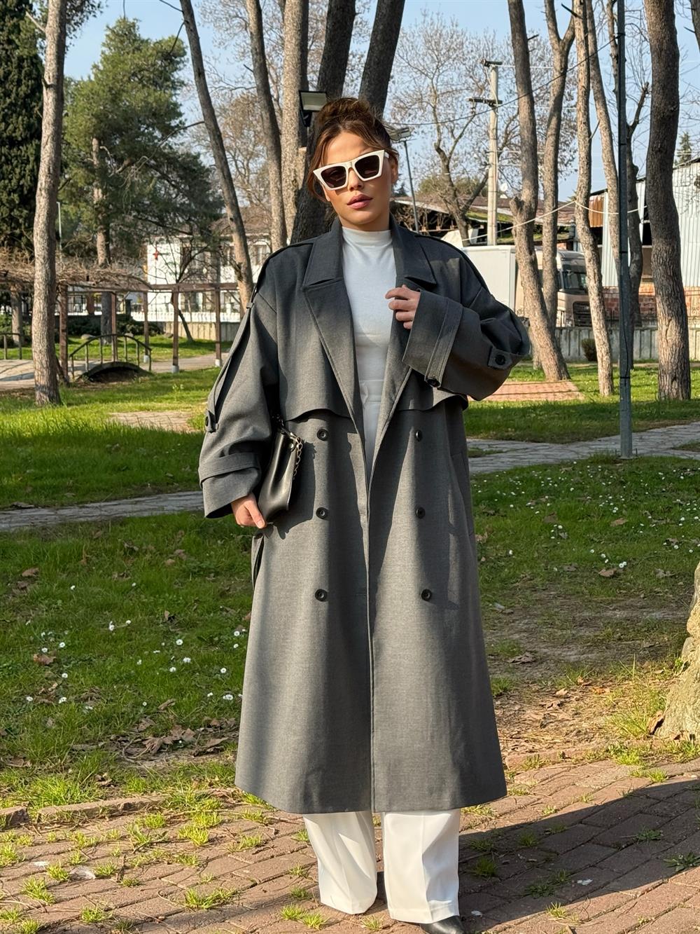 Premium Seri̇ Astarli Trençkot Gri̇