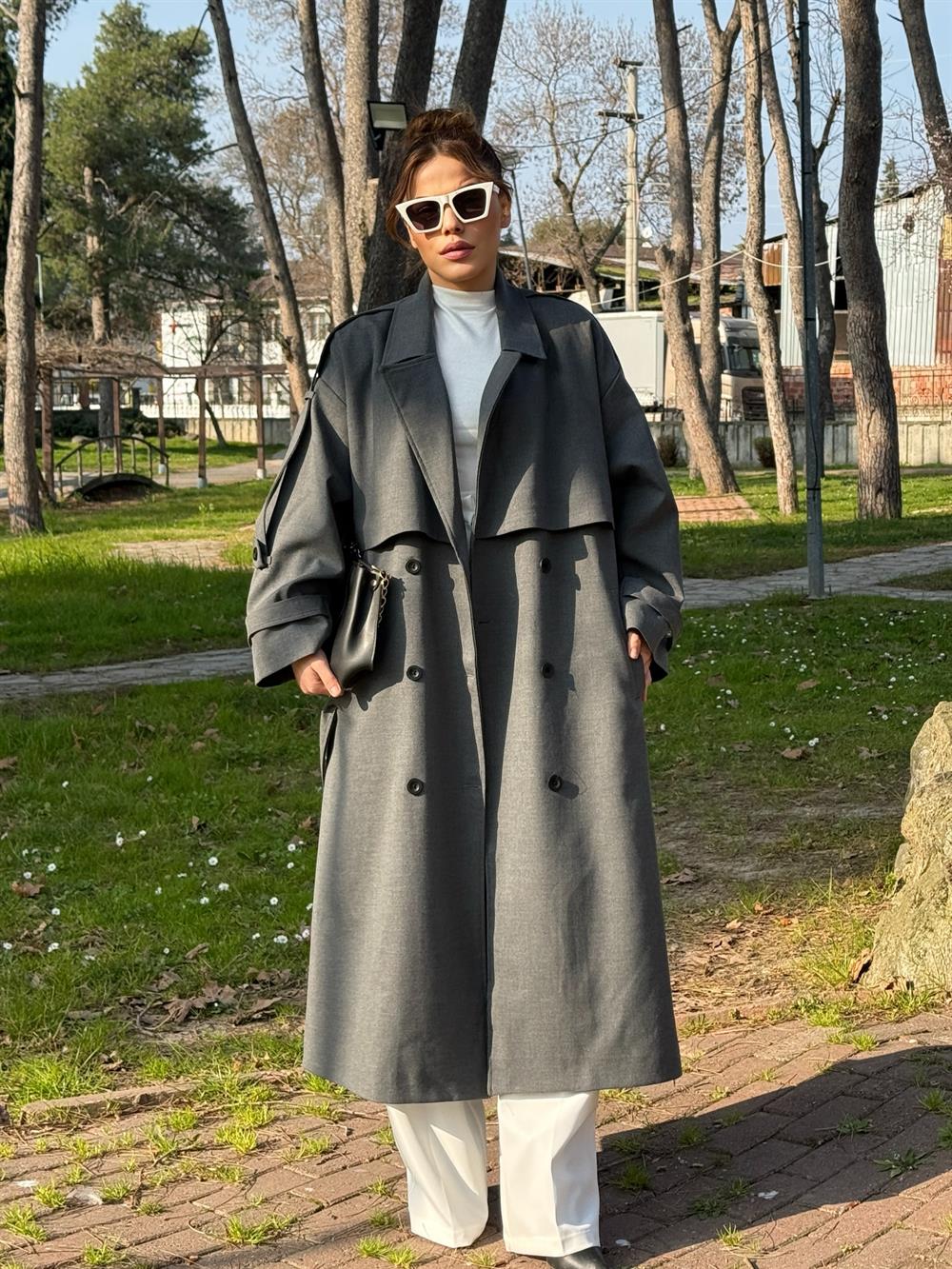 Premium Seri̇ Astarli Trençkot Gri̇