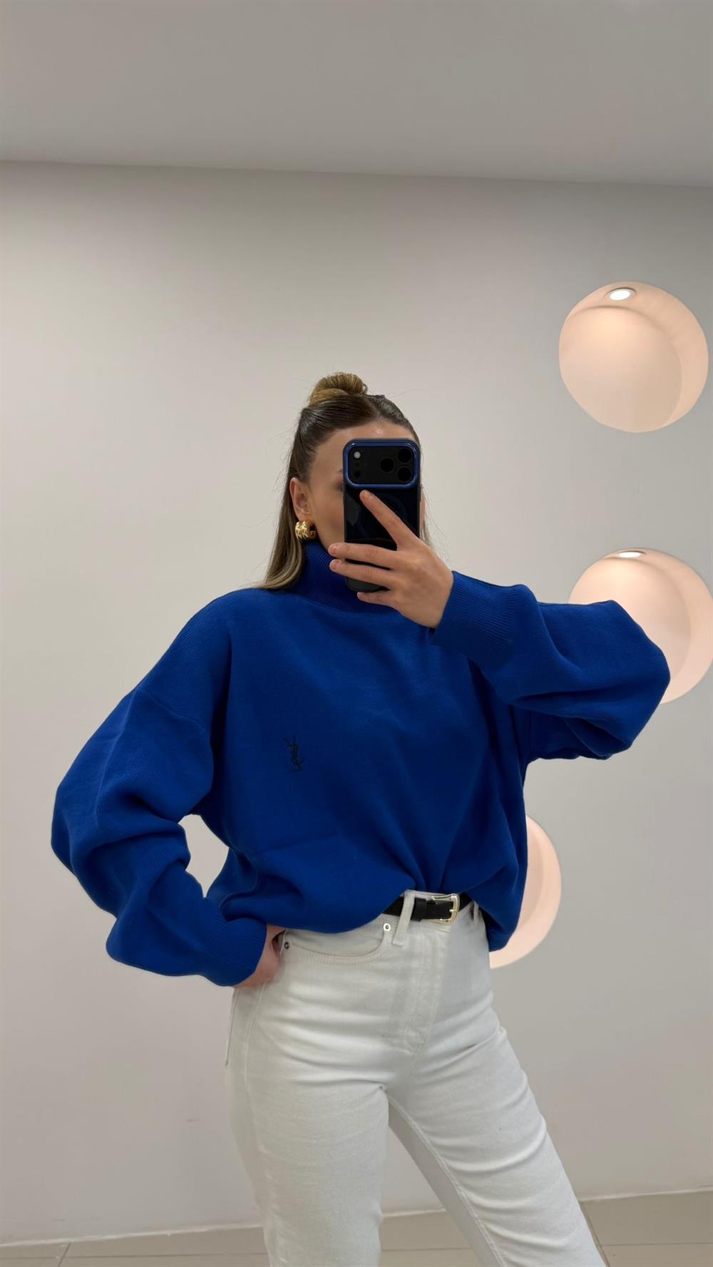 PREMİUM SERİ BALIKÇI YAKA KAZAK SAKS MAVİ