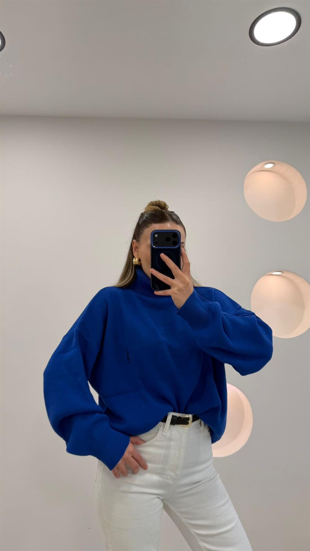 PREMİUM SERİ BALIKÇI YAKA KAZAK SAKS MAVİ