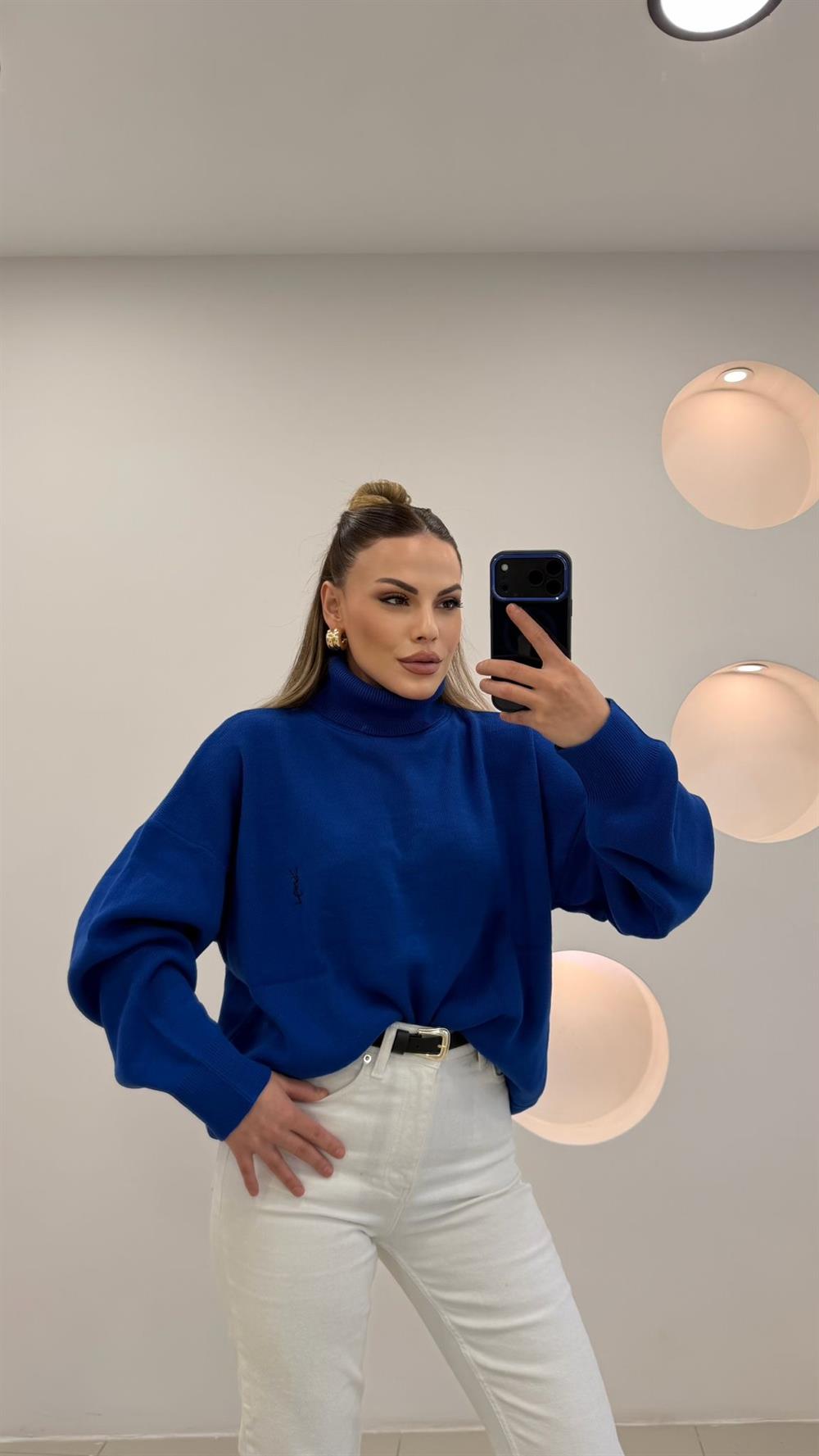 PREMİUM SERİ BALIKÇI YAKA KAZAK SAKS MAVİ