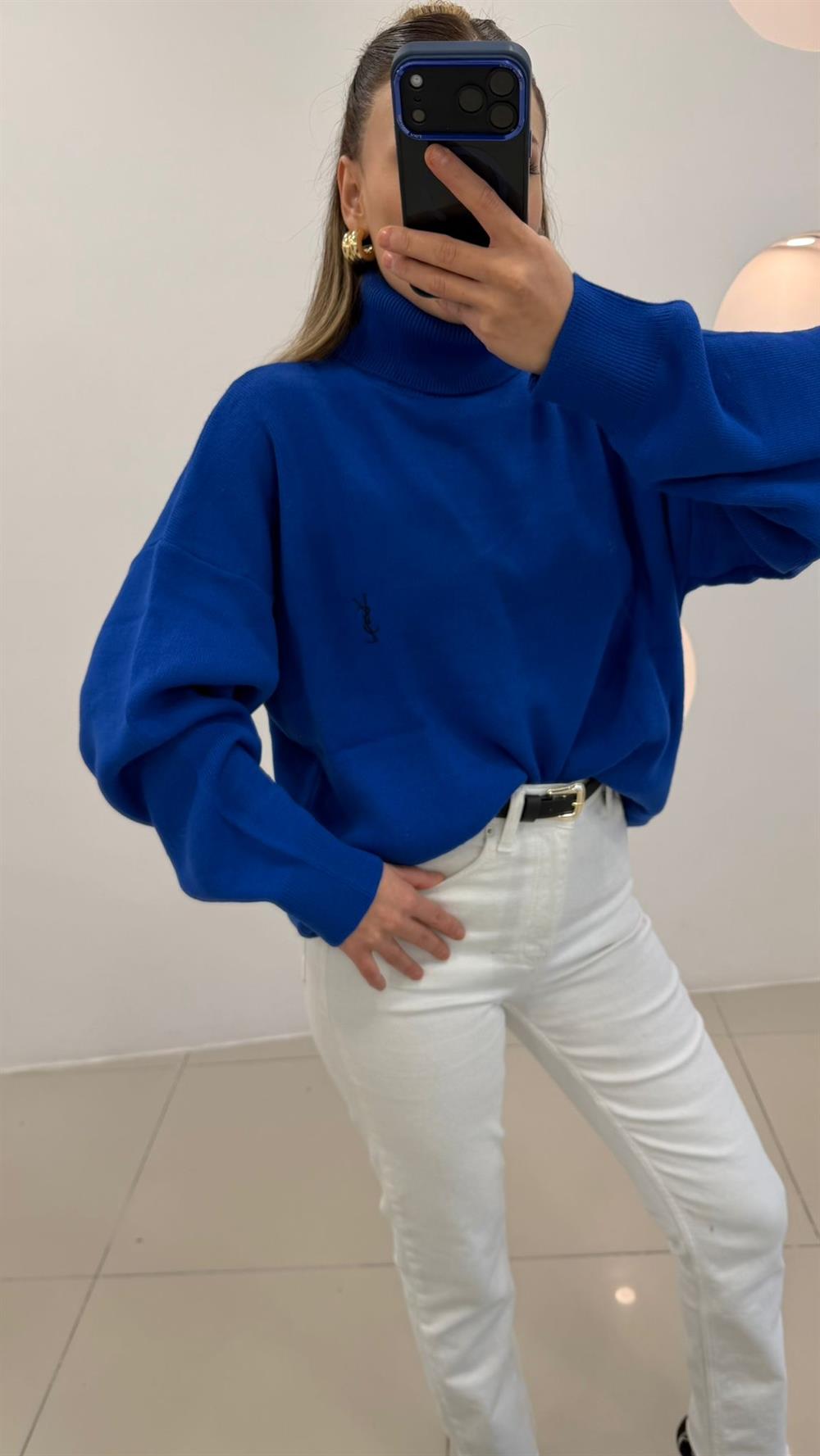 PREMİUM SERİ BALIKÇI YAKA KAZAK SAKS MAVİ