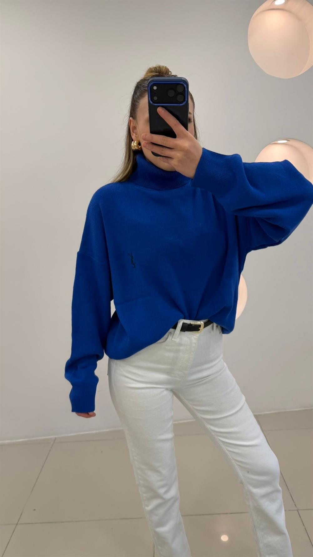 PREMİUM SERİ BALIKÇI YAKA KAZAK SAKS MAVİ