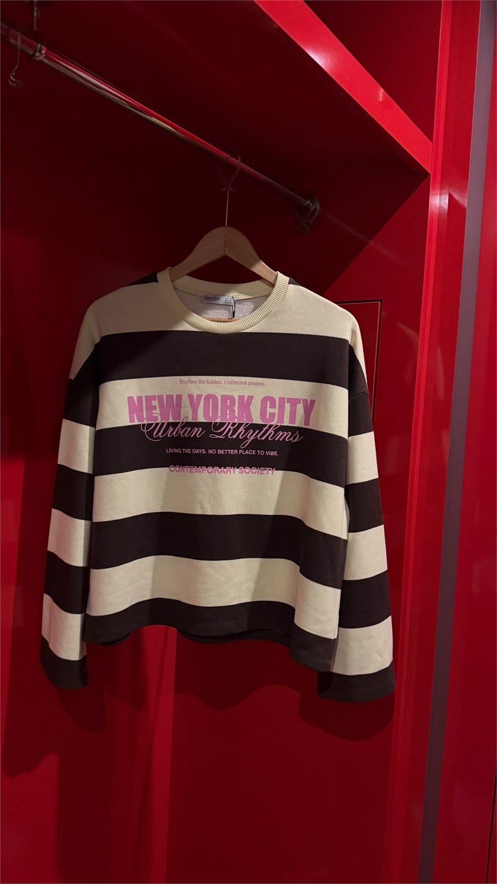 Premium Seri Baskılı Çizgili Sweatshirt Sarı-Kahve