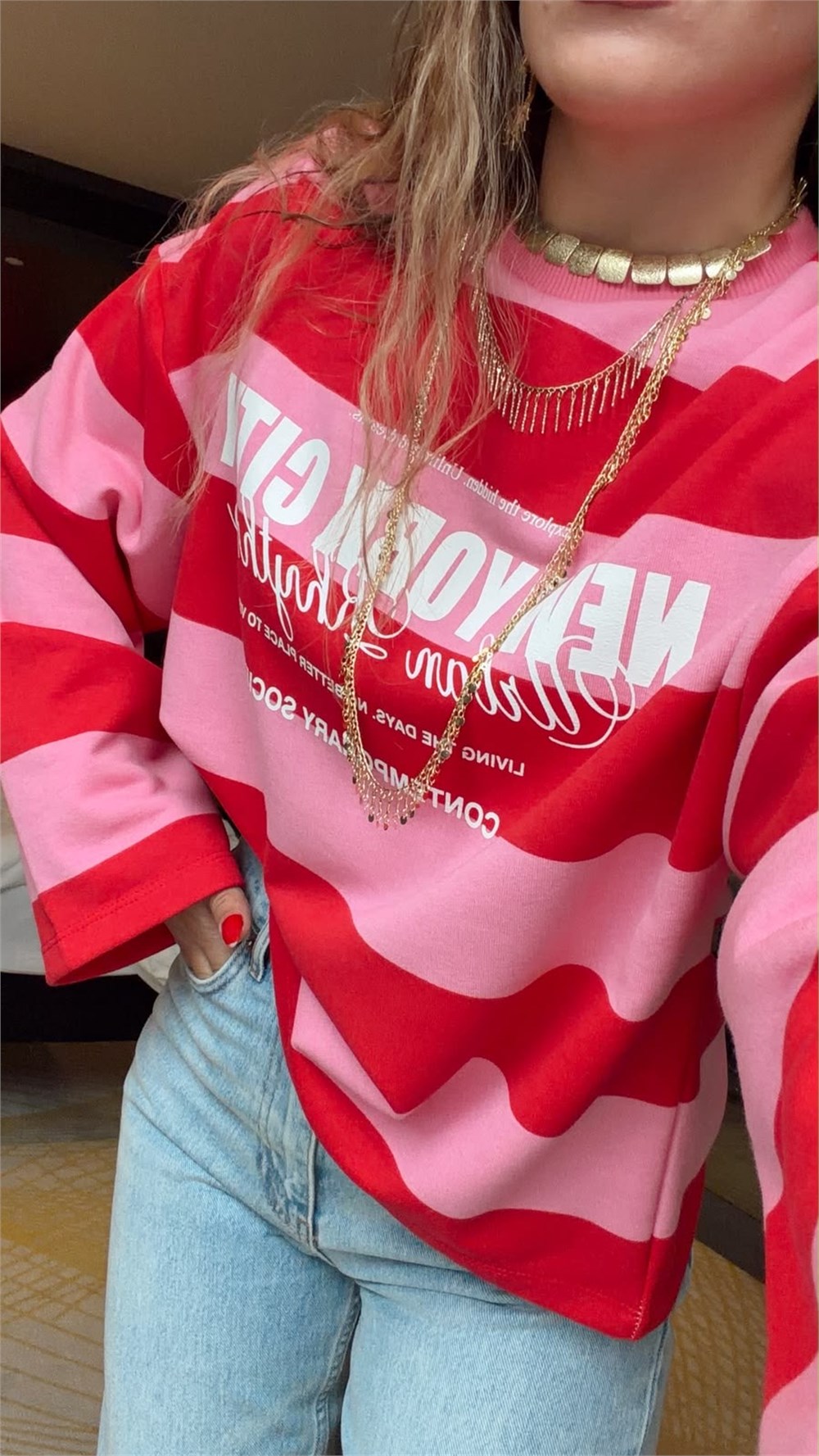 Premium Seri Baskılı Çizgili Sweatshirt Pembe-Kırmızı