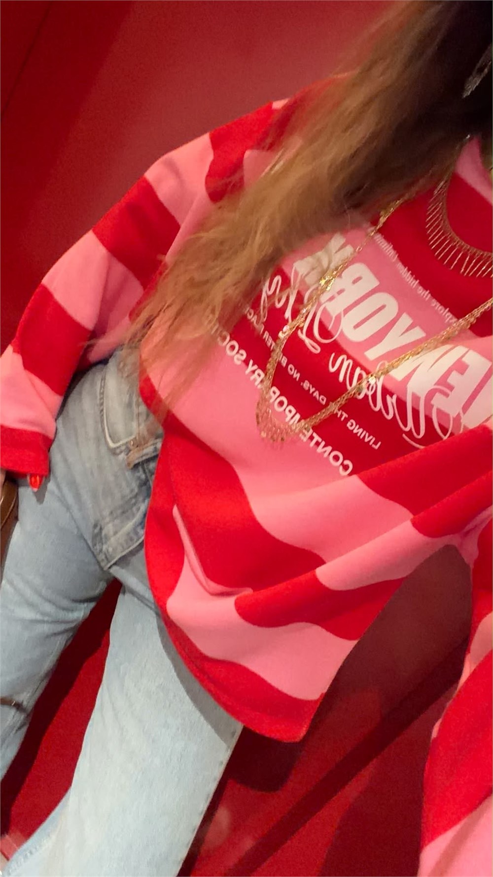 Premium Seri Baskılı Çizgili Sweatshirt Pembe-Kırmızı