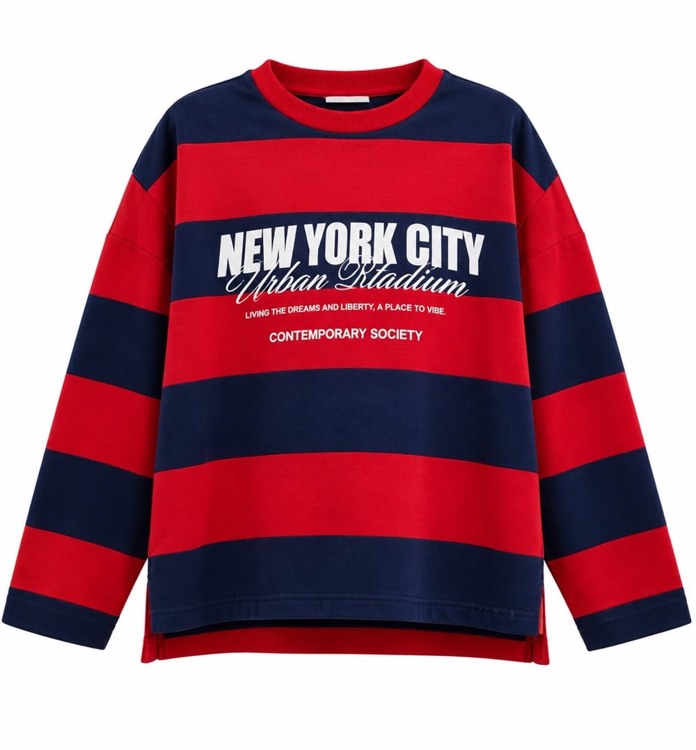 Premium Seri Baskılı Çizgili Sweatshirt Kırmızı-Lacivert