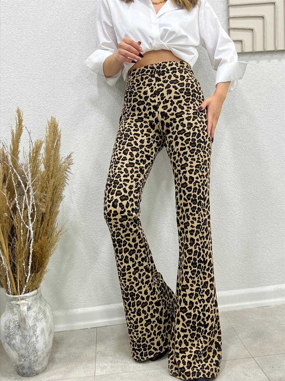 Premi̇um Seri̇ Full Li̇krali Leopar Desen İspanyol Paça Pantolon
