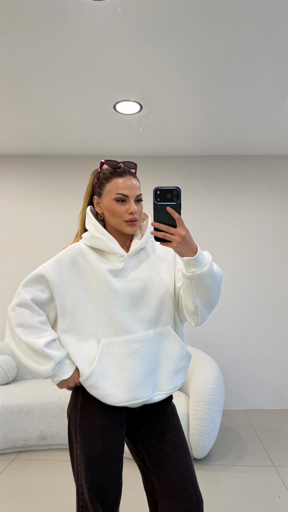 PREMİUM SERİ KAPŞONLU 3 İPLİK SWEAT BEYAZ