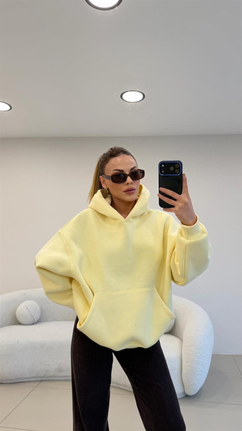 PREMİUM SERİ KAPŞONLU 3 İPLİK SWEAT SARI 