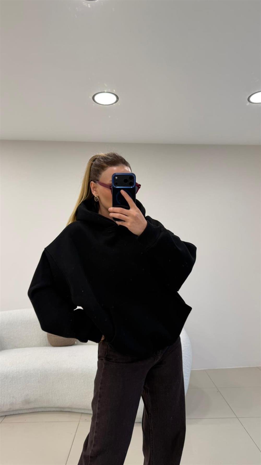 PREMİUM SERİ KAPŞONLU 3 İPLİK SWEAT SİYAH