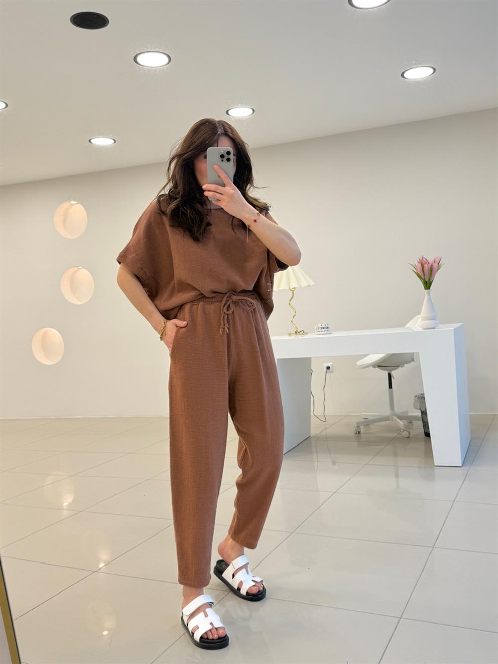 PREMİUM SERİ KETEN TAKIM KAHVE 