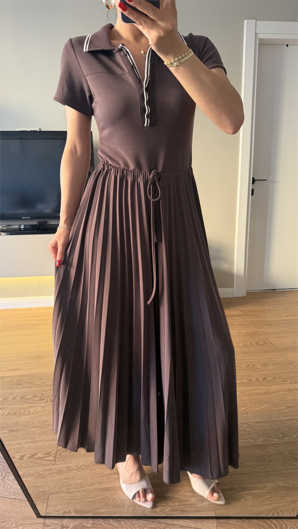 Premium Seri Pileli Bel Bağlamalı Modal Elbise Kahve