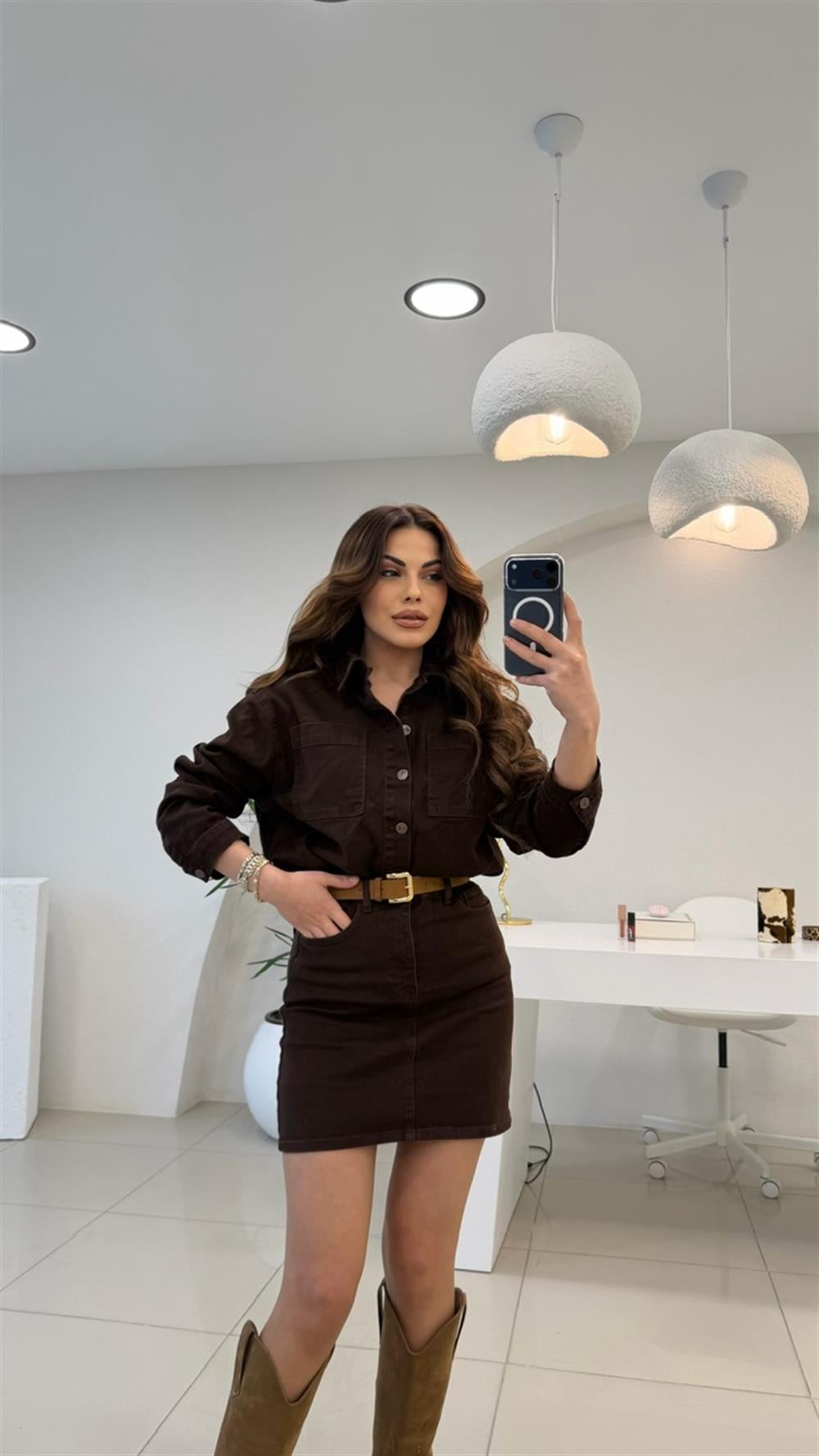 PREMİUM SERİ RELAX DENİM KEMERLİ  ELBİSE ACI KAHVE