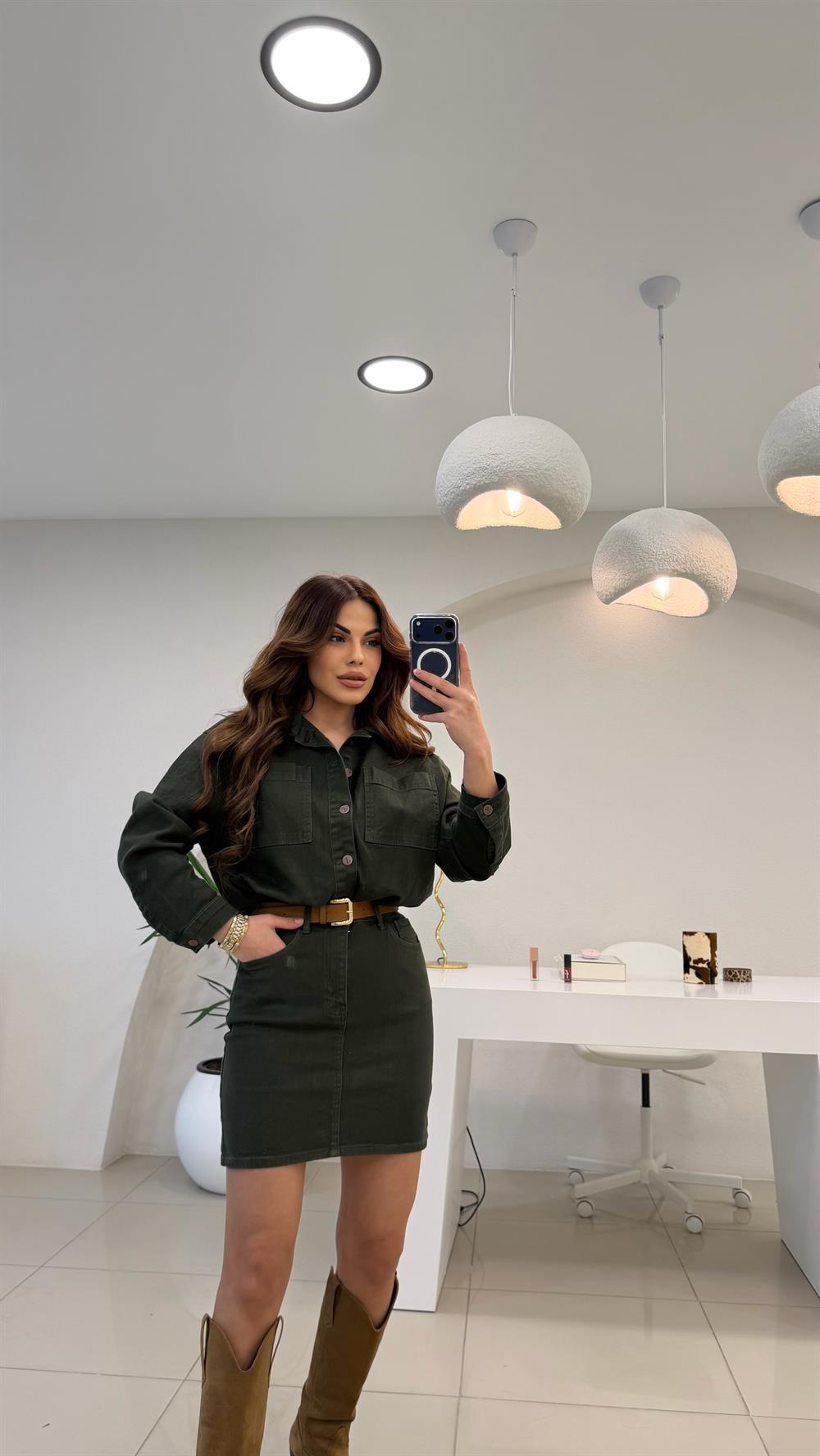 PREMİUM SERİ RELAX DENİM KEMERLİ  ELBİSE YEŞİL