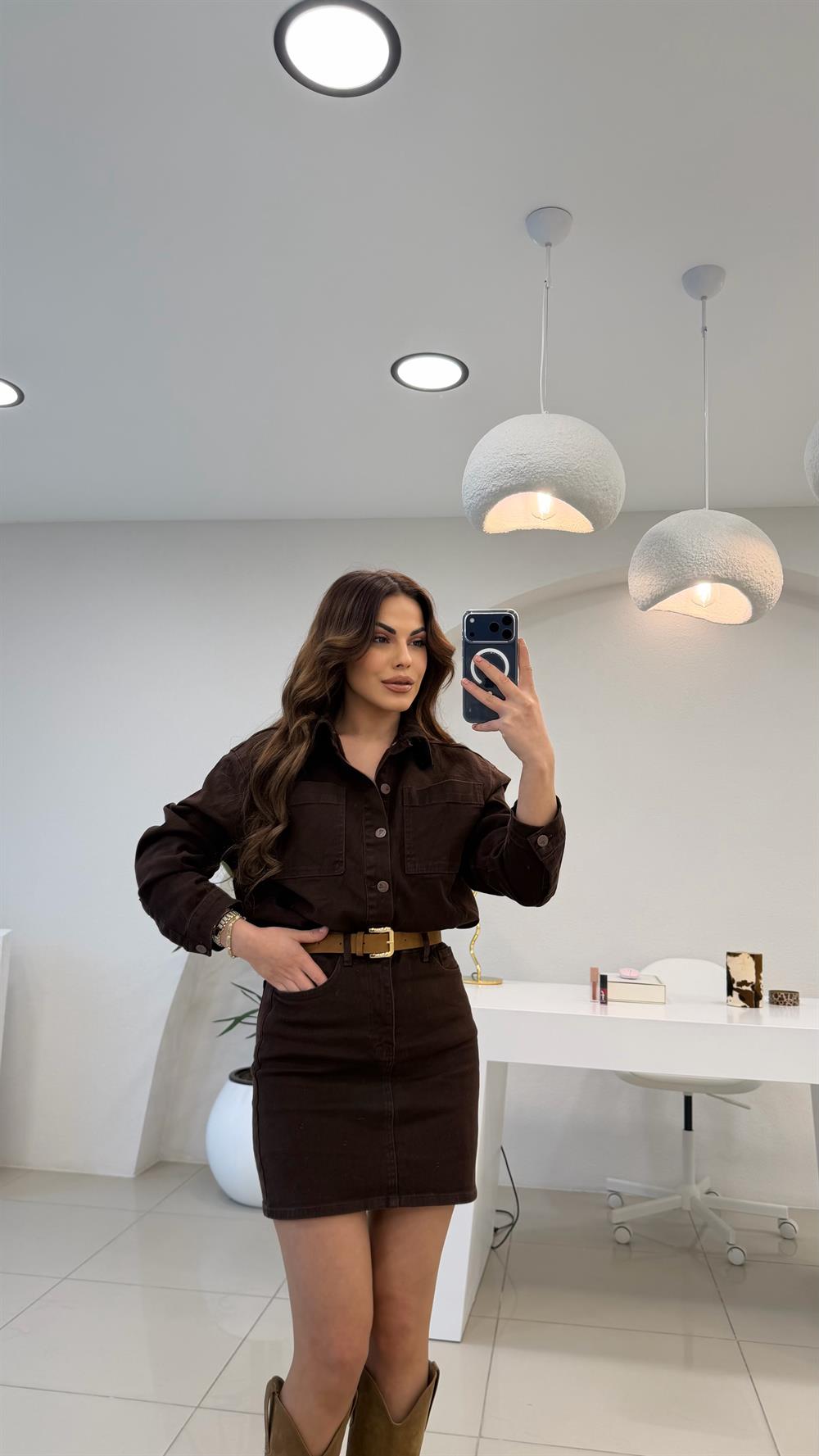 PREMİUM SERİ RELAX DENİM KEMERLİ  ELBİSE ACI KAHVE