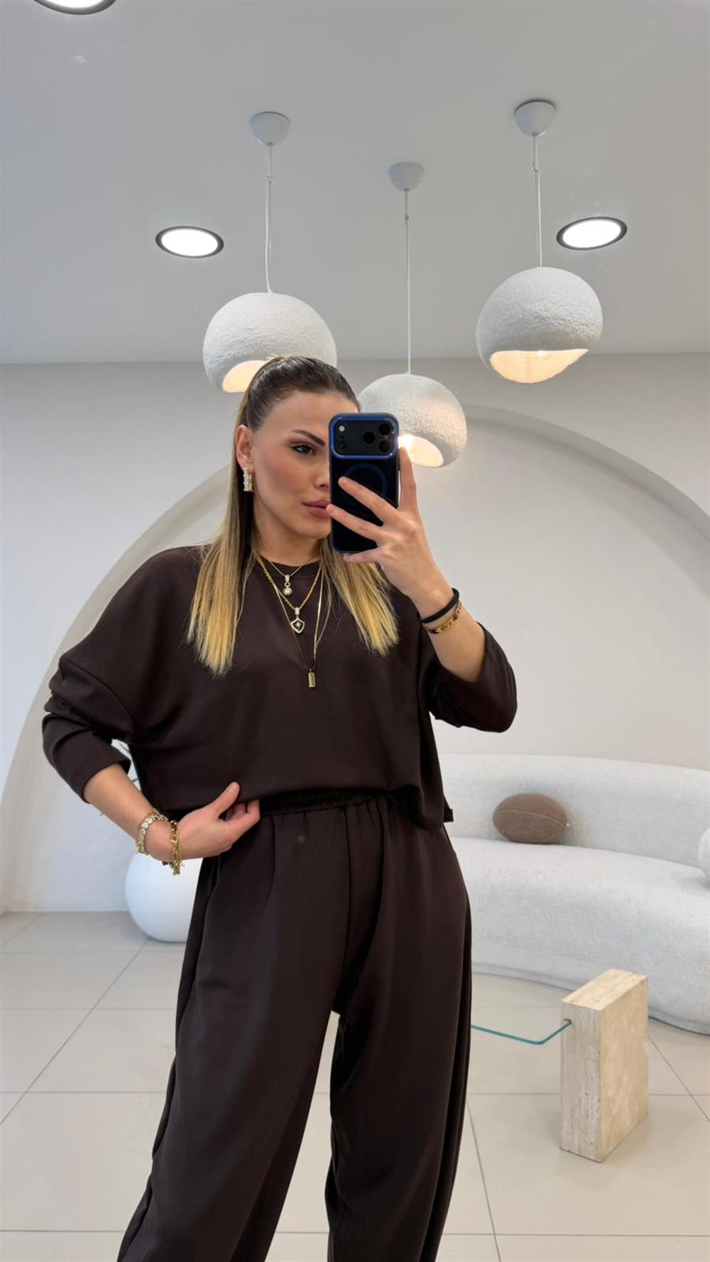 PREMİUM SERİ ŞALVARLI EŞOFMAN TAKIM KAHVE  