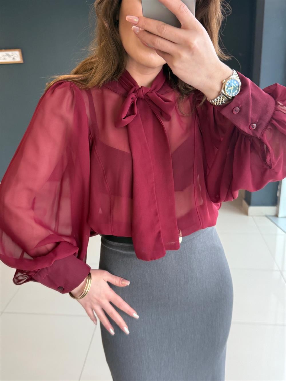 Premi̇um Seri̇ Tül Gömlek Bordo
