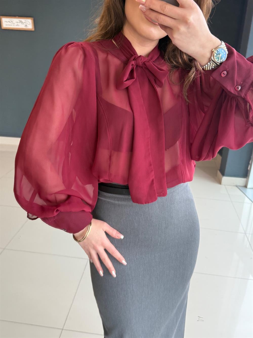 Premi̇um Seri̇ Tül Gömlek Bordo