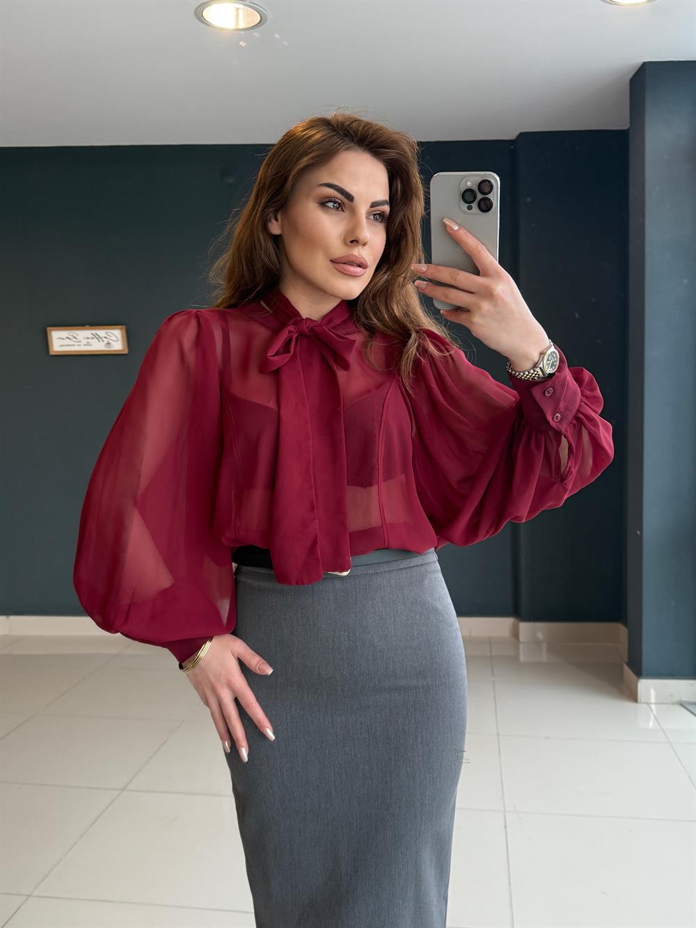 Premi̇um Seri̇ Tül Gömlek Bordo