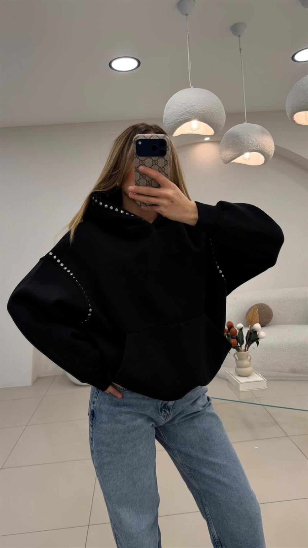 PREMİUM SERİ ZIMBA DETAYLI KAPŞONLU SWEAT SİYAH