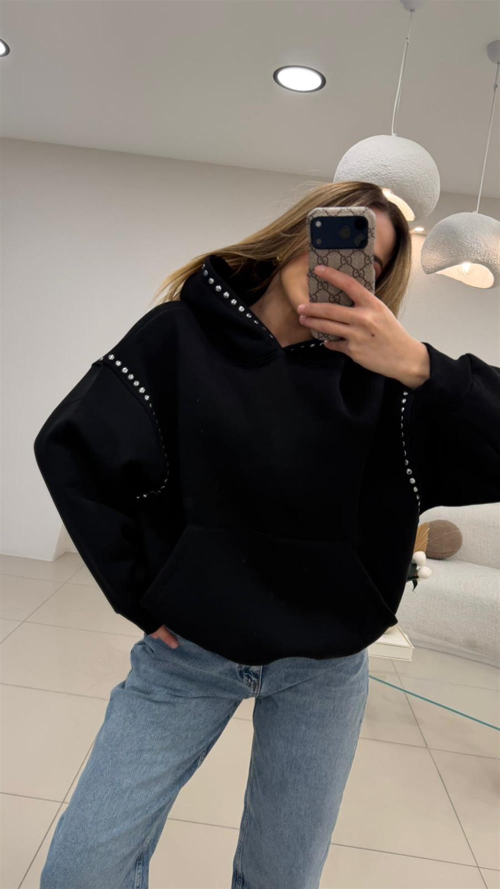 PREMİUM SERİ ZIMBA DETAYLI KAPŞONLU SWEAT SİYAH