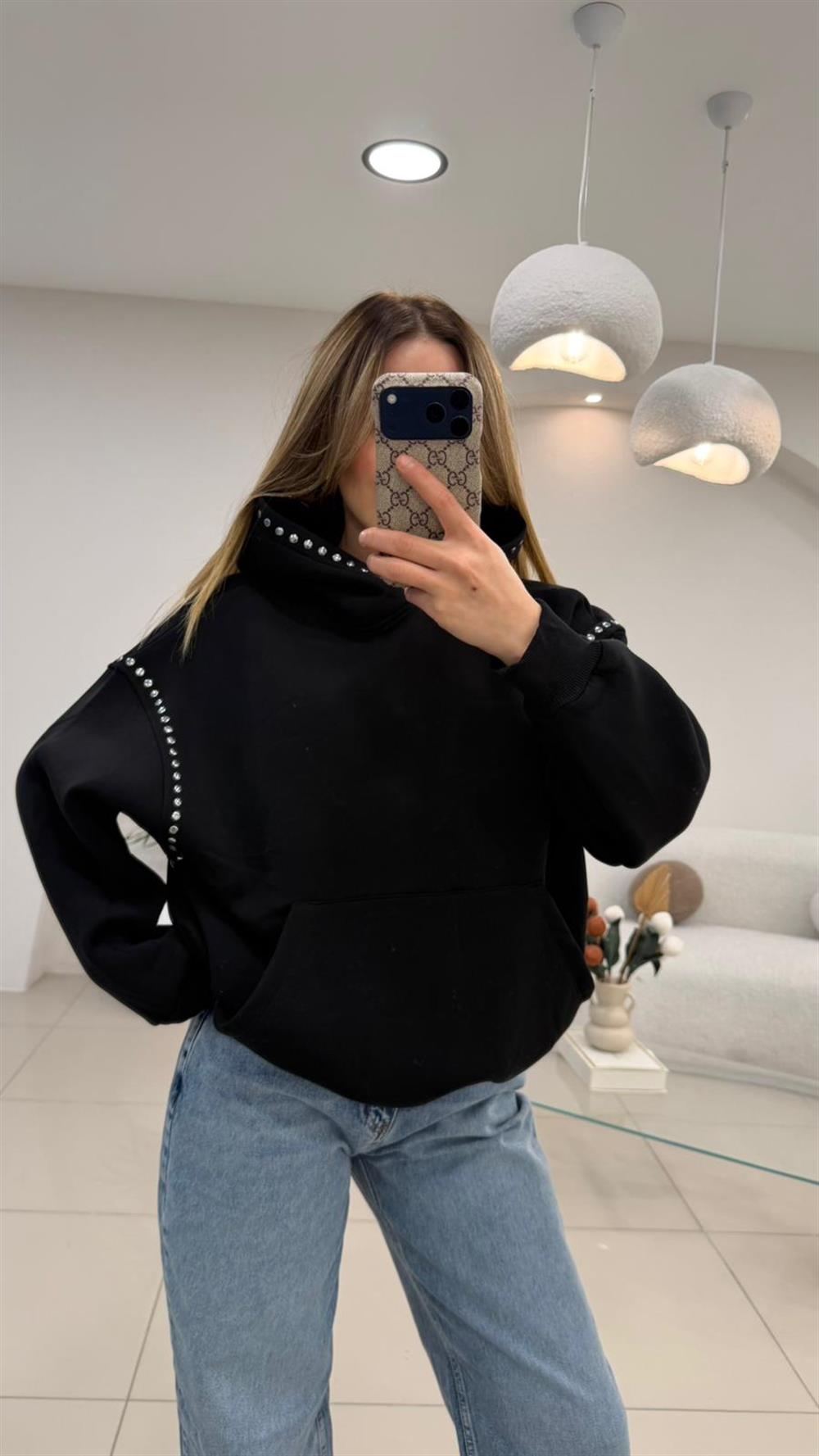 PREMİUM SERİ ZIMBA DETAYLI KAPŞONLU SWEAT SİYAH