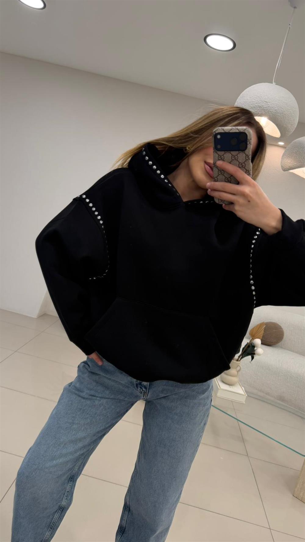 PREMİUM SERİ ZIMBA DETAYLI KAPŞONLU SWEAT SİYAH