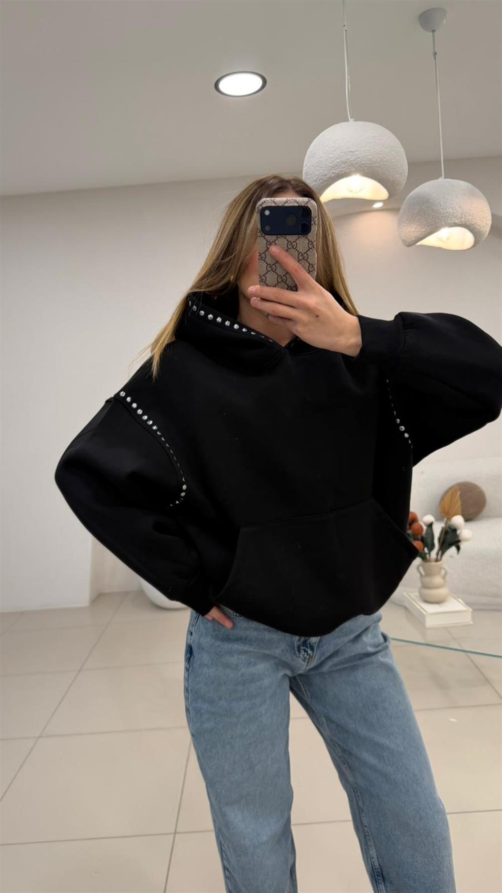 PREMİUM SERİ ZIMBA DETAYLI KAPŞONLU SWEAT SİYAH