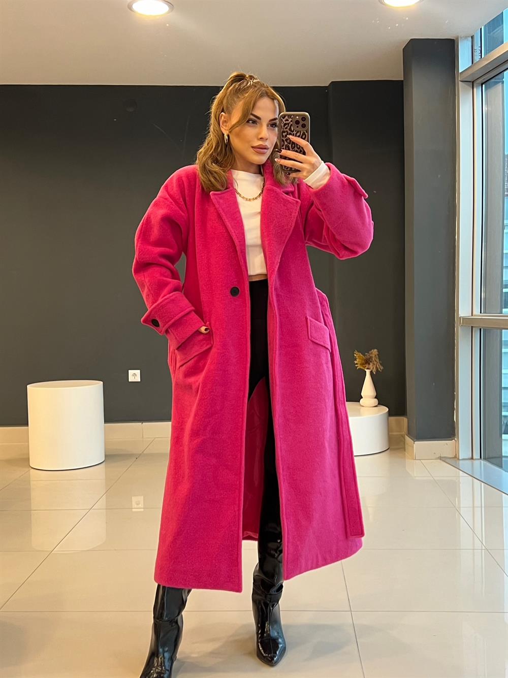 Premi̇um Seri̇ Astarli Kaşe Kaban Pembe