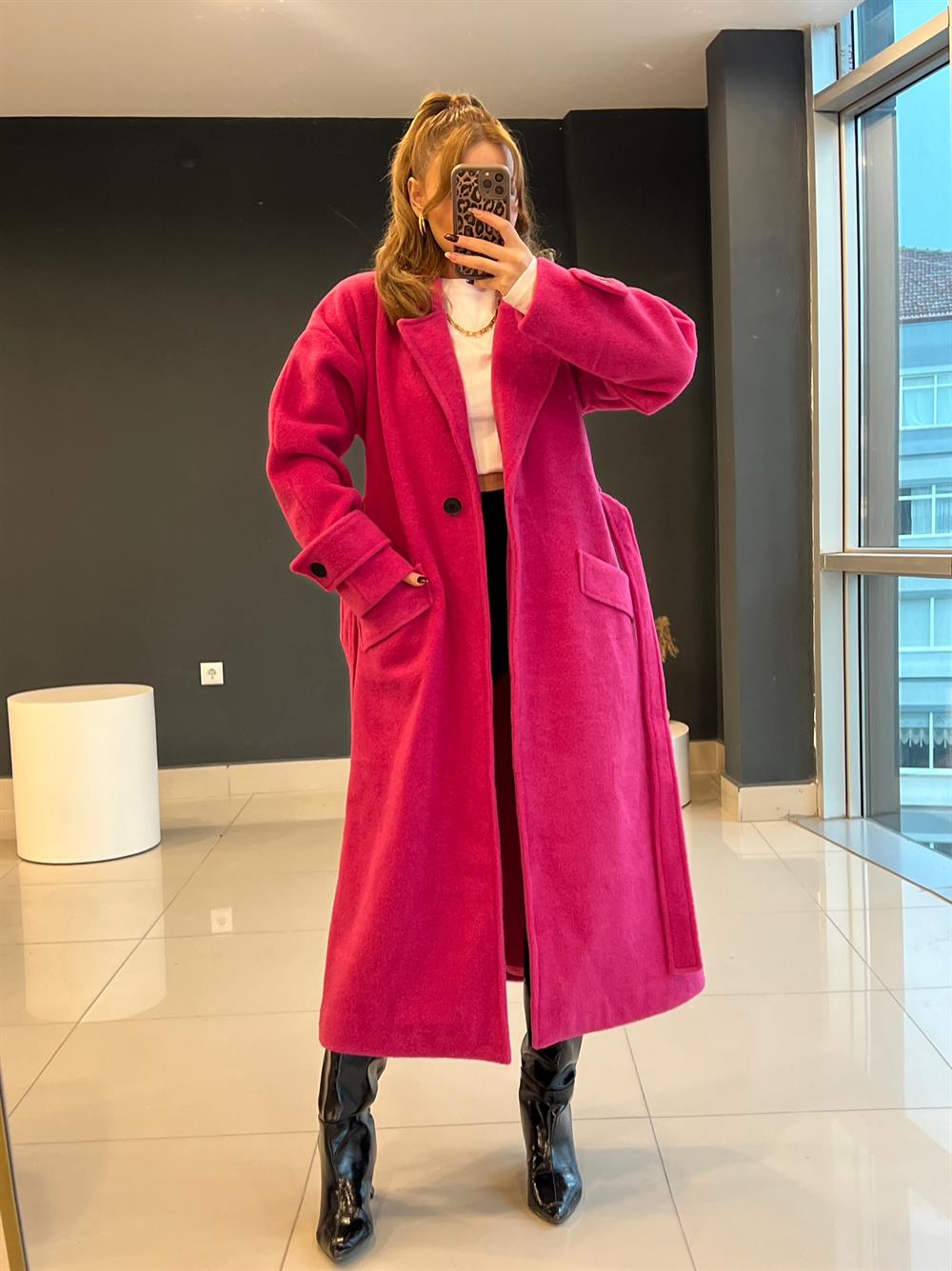 Premi̇um Seri̇ Astarli Kaşe Kaban Pembe