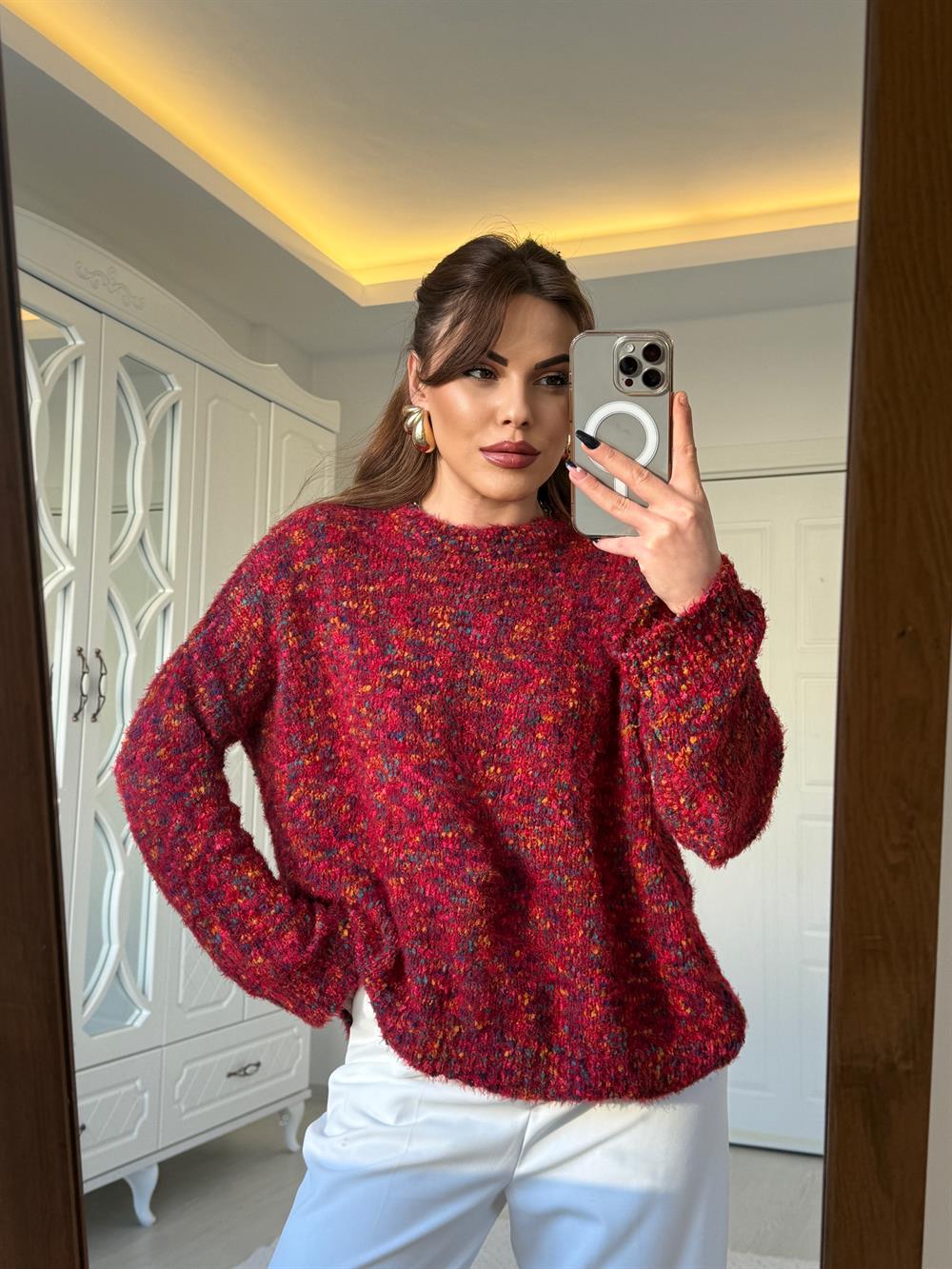 Renkli̇ Bi̇si̇klet Yaka Kazak Bordo