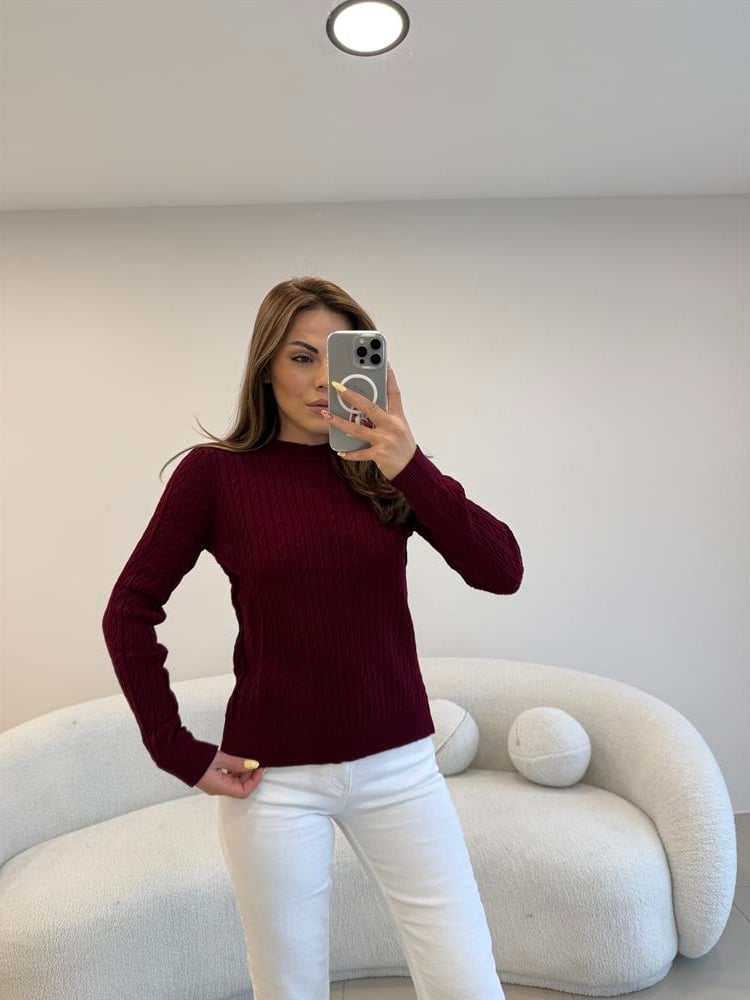 SAÇ ÖRGÜ UZUN KOL BASİC KAZAK  BORDO