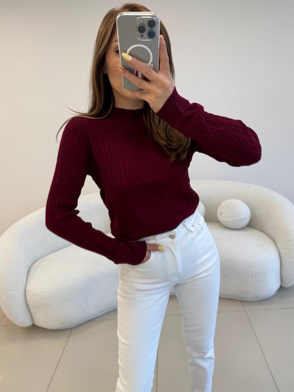 SAÇ ÖRGÜ UZUN KOL BASİC KAZAK  BORDO