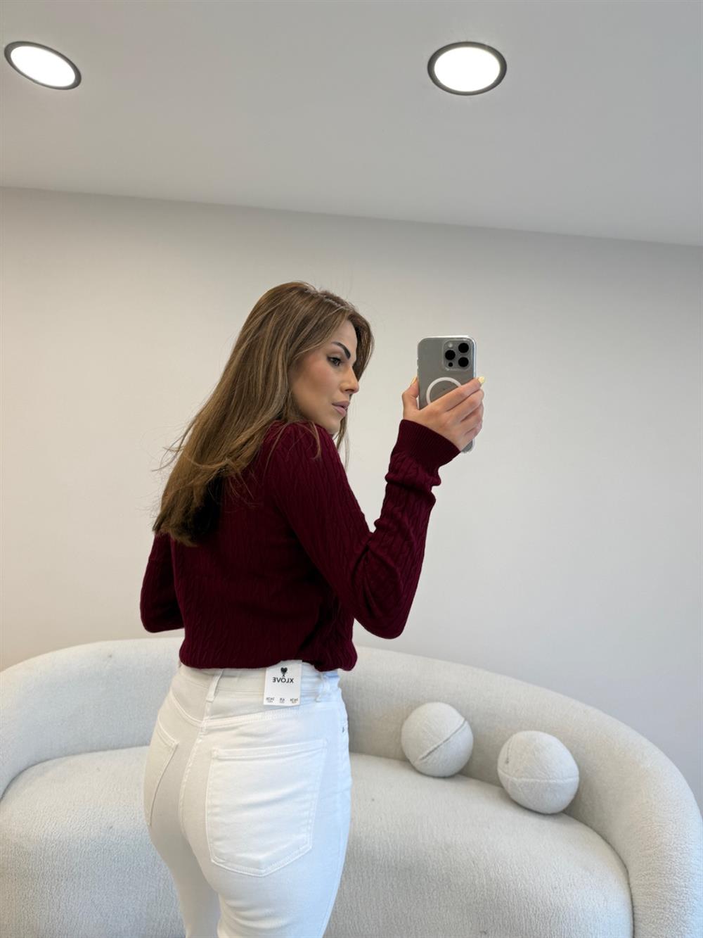 SAÇ ÖRGÜ UZUN KOL BASİC KAZAK  BORDO