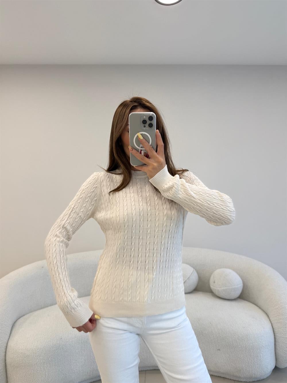 SAÇ ÖRGÜ UZUN KOL BASİC KAZAK  EKRU